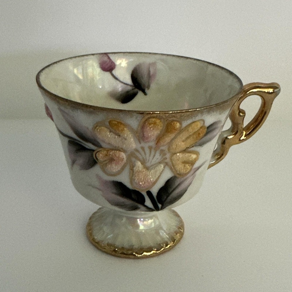 Nippon Luster Teacup Coralene Beaded Iridescent Demitasse Cup 2.5" Vintage